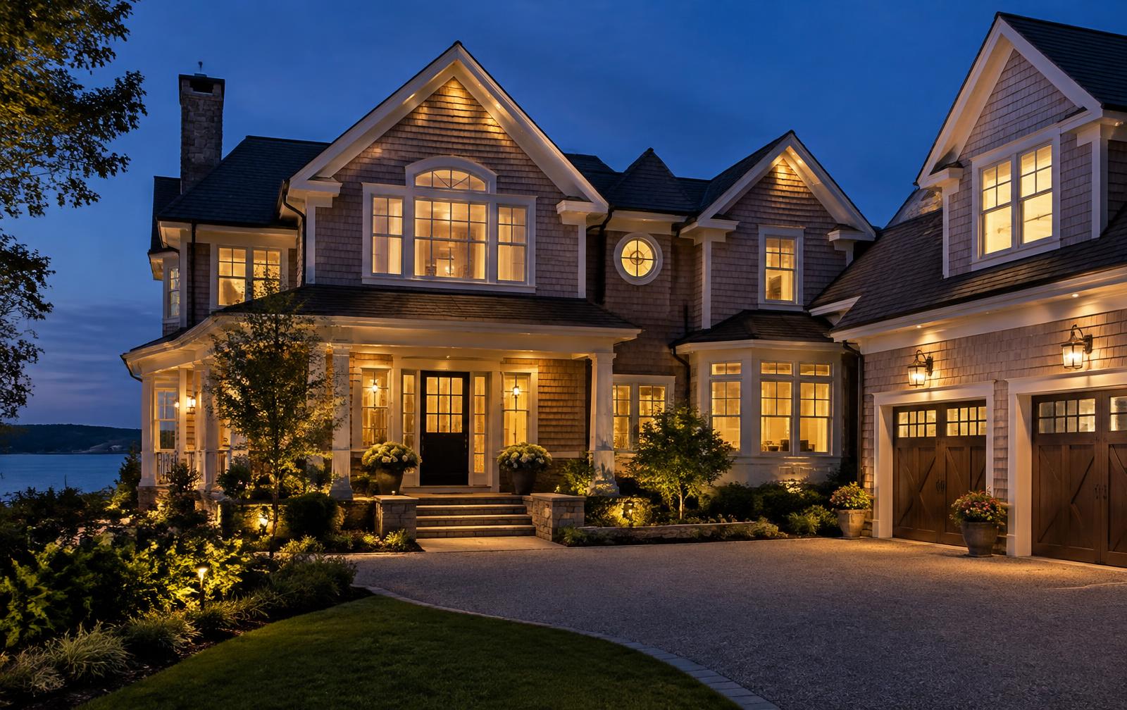 Upscale shingle-style South Shore home at dusk with warm architectural exterior lighting